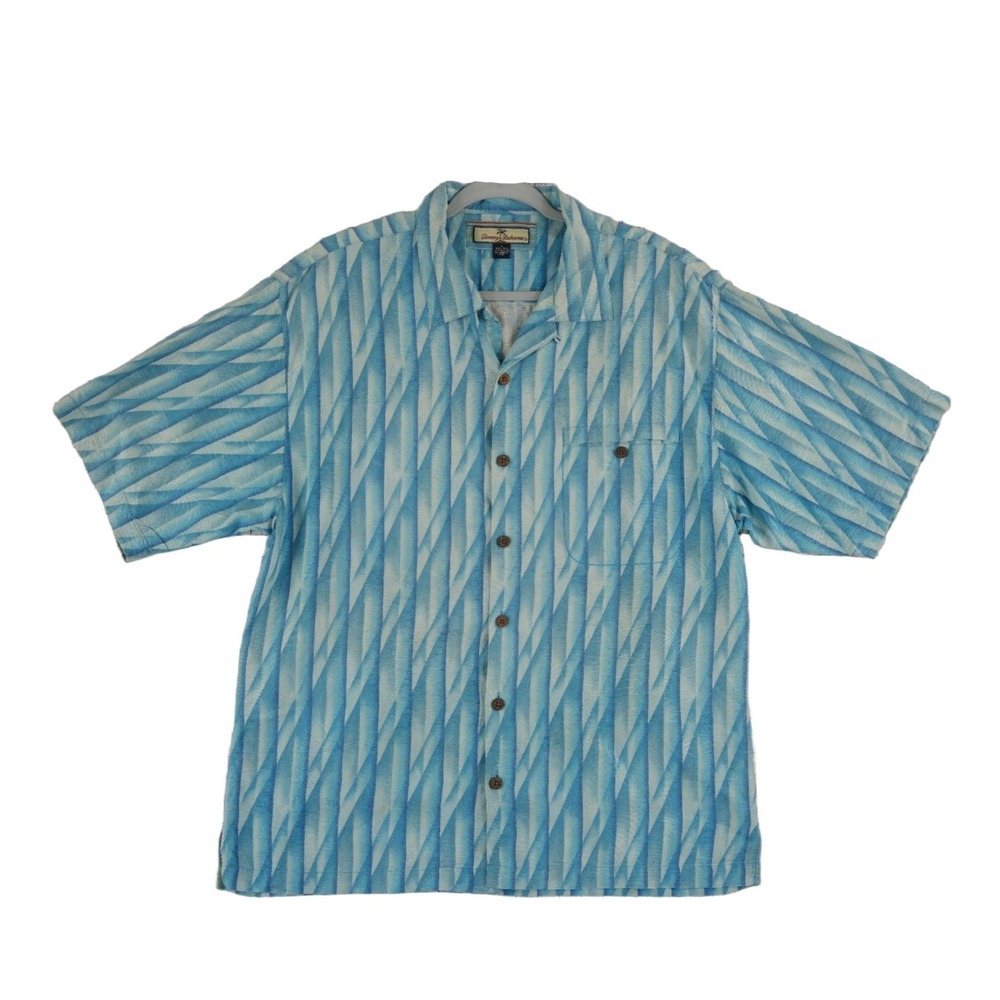 Tommy Bahama 100% Silk Button Up Shirt Men's Size Large Blue Silk Geometric Camp